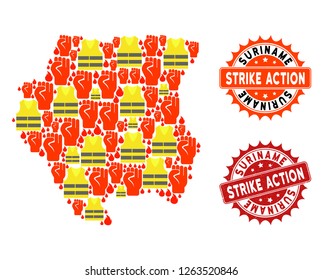 Strike action collage of revolting map of Suriname, grunge and clean stamps. Map of Suriname collage created for Gilet Jaunes protest illustrations.