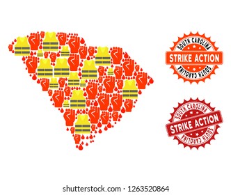 Strike action collage of revolting map of South Carolina State, grunge and clean stamps. Map of South Carolina State collage formed for Gilet Jaunes protest illustrations.