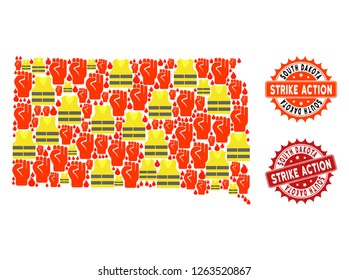 Strike action collage of revolting map of South Dakota State, grunge and clean seal stamps. Map of South Dakota State collage composed for Gilet Jaunes protest illustrations.