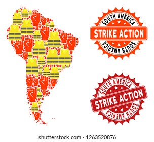 Strike action collage of revolting map of South America, grunge and clean seal stamps. Map of South America collage created for Gilet Jaunes protest illustrations.