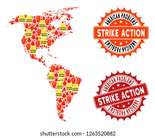 Strike action collage of revolting map of South and North America, grunge and clean seal stamps. Map of South and North America collage created for Gilet Jaunes protest illustrations.
