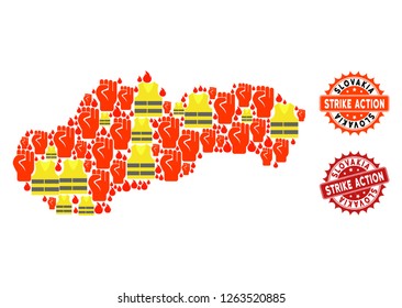 Strike action collage of revolting map of Slovakia, grunge and clean stamps. Map of Slovakia collage formed for Gilet Jaunes protest illustrations.