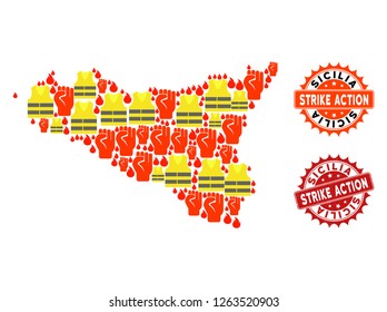 Strike action collage of revolting map of Sicilia Island, grunge and clean seal stamps. Map of Sicilia Island collage created for Gilet Jaunes protest illustrations.