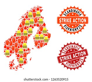 Strike action collage of revolting map of Scandinavia, grunge and clean seal stamps. Map of Scandinavia collage formed for Gilet Jaunes protest illustrations.