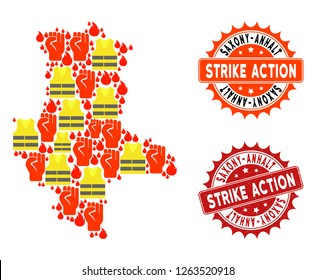 Strike action collage of revolting map of Saxony-Anhalt State, grunge and clean seal stamps. Map of Saxony-Anhalt State collage designed for Gilet Jaunes protest illustrations.