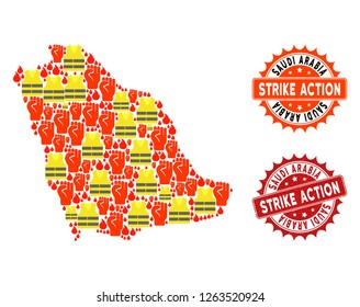 Strike action collage of revolting map of Saudi Arabia, grunge and clean seal stamps. Map of Saudi Arabia collage created for Gilet Jaunes protest illustrations.