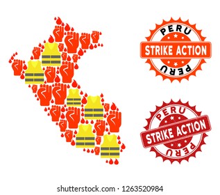 Strike action collage of revolting map of Peru, grunge and clean stamps. Map of Peru collage designed for Gilet Jaunes protest illustrations.