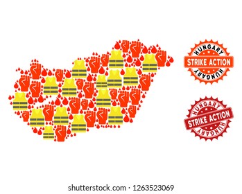 Strike action collage of revolting map of Hungary, grunge and clean stamps. Map of Hungary collage created for Gilet Jaunes protest illustrations.