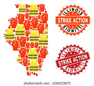 Strike action collage of revolting map of Illinois State, grunge and clean seal stamps. Map of Illinois State collage created for Gilet Jaunes protest illustrations.