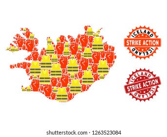 Strike action collage of revolting map of Iceland, grunge and clean seals. Map of Iceland collage composed for Gilet Jaunes protest illustrations.