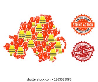 Strike action collage of revolting map of Northern Ireland, grunge and clean seals. Map of Northern Ireland collage formed for Gilet Jaunes protest illustrations.