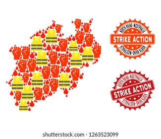 Strike action collage of revolting map of North Rhine-Westphalia State, grunge and clean seals. Map of North Rhine-Westphalia State collage designed for Gilet Jaunes protest illustrations.