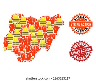 Strike action collage of revolting map of Nigeria, grunge and clean seals. Map of Nigeria collage formed for Gilet Jaunes protest illustrations.