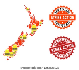 Strike action collage of revolting map of New Zealand, grunge and clean seals. Map of New Zealand collage formed for Gilet Jaunes protest illustrations.