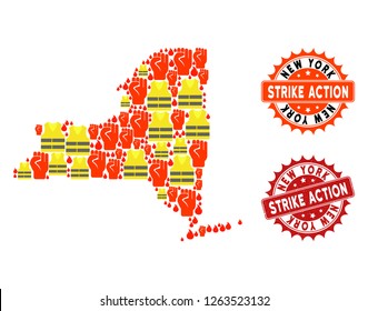 Strike action collage of revolting map of New York State, grunge and clean seal stamps. Map of New York State collage composed for Gilet Jaunes protest illustrations.