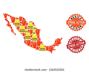 Strike action collage of revolting map of Mexico, grunge and clean stamps. Map of Mexico collage formed for Gilet Jaunes protest illustrations.