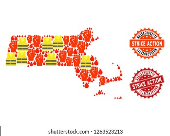 Strike action collage of revolting map of Massachusetts State, grunge and clean seal stamps. Map of Massachusetts State collage designed for Gilet Jaunes protest illustrations.
