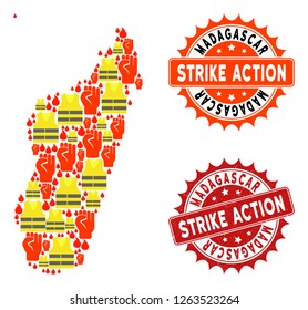 Strike action collage of revolting map of Madagascar Island, grunge and clean seal stamps. Map of Madagascar Island collage formed for Gilet Jaunes protest illustrations.