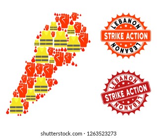 Strike action collage of revolting map of Lebanon, grunge and clean stamps. Map of Lebanon collage designed for Gilet Jaunes protest illustrations.