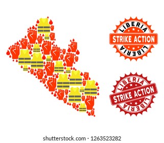 Strike action collage of revolting map of Liberia, grunge and clean seals. Map of Liberia collage created for Gilet Jaunes protest illustrations.