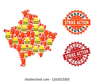 Strike action collage of revolting map of Kosovo, grunge and clean stamps. Map of Kosovo collage designed for Gilet Jaunes protest illustrations.