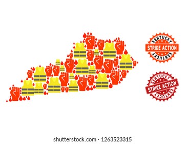 Strike action collage of revolting map of Kentucky State, grunge and clean seal stamps. Map of Kentucky State collage designed for Gilet Jaunes protest illustrations.