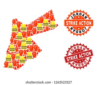Strike action collage of revolting map of Jordan, grunge and clean stamps. Map of Jordan collage designed for Gilet Jaunes protest illustrations.