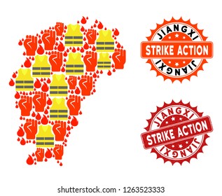Strike action collage of revolting Map of Jiangxi Province, grunge and clean stamps. Map of Jiangxi Province collage created for Gilet Jaunes protest illustrations.