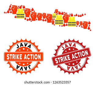 Strike action collage of revolting map of Java Island, grunge and clean stamps. Map of Java Island collage designed for Gilet Jaunes protest illustrations.