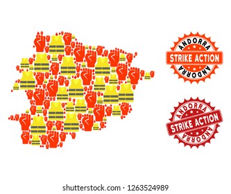 Strike action collage of revolting map of Andorra, grunge and clean stamps. Map of Andorra collage formed for Gilet Jaunes protest illustrations.