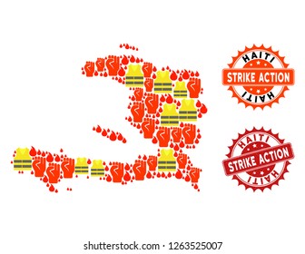 Strike action collage of revolting map of Haiti, grunge and clean seal stamps. Map of Haiti collage designed for Gilet Jaunes protest illustrations.