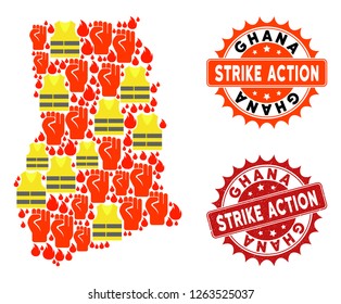 Strike action collage of revolting map of Ghana, grunge and clean seals. Map of Ghana collage composed for Gilet Jaunes protest illustrations.