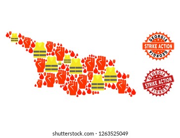 Strike action collage of revolting map of Georgia country, grunge and clean seals. Map of Georgia country collage composed for Gilet Jaunes protest illustrations.