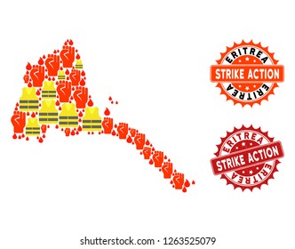 Strike action collage of revolting map of Eritrea, grunge and clean stamps. Map of Eritrea collage composed for Gilet Jaunes protest illustrations.