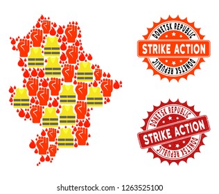 Strike action collage of revolting map of Donetsk Republic, grunge and clean seals. Map of Donetsk Republic collage composed for Gilet Jaunes protest illustrations.