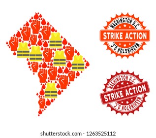 Strike action collage of revolting map of District Columbia, grunge and clean stamps. Map of District Columbia collage designed for Gilet Jaunes protest illustrations.