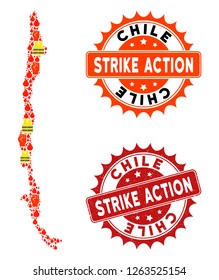 Strike action collage of revolting map of Chile, grunge and clean seals. Map of Chile collage designed for Gilet Jaunes protest illustrations.