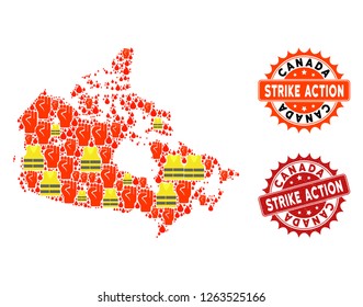 Strike action collage of revolting map of Canada, grunge and clean seals. Map of Canada collage designed for Gilet Jaunes protest illustrations.