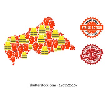 Strike action collage of revolting map of Central African Republic, grunge and clean seal stamps. Map of Central African Republic collage formed for Gilet Jaunes protest illustrations.