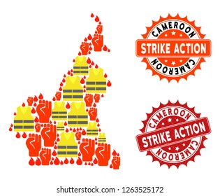 Strike action collage of revolting map of Cameroon, grunge and clean seal stamps. Map of Cameroon collage composed for Gilet Jaunes protest illustrations.