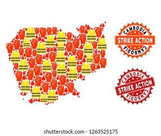 Strike action collage of revolting map of Cambodia, grunge and clean stamps. Map of Cambodia collage designed for Gilet Jaunes protest illustrations.