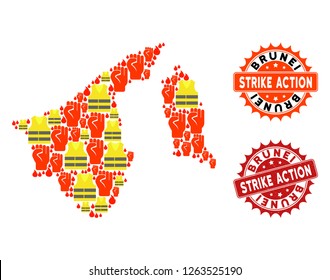 Strike action collage of revolting map of Brunei, grunge and clean stamps. Map of Brunei collage created for Gilet Jaunes protest illustrations.