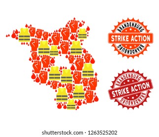 Strike action collage of revolting map of Brandenburg State, grunge and clean seal stamps. Map of Brandenburg State collage formed for Gilet Jaunes protest illustrations.