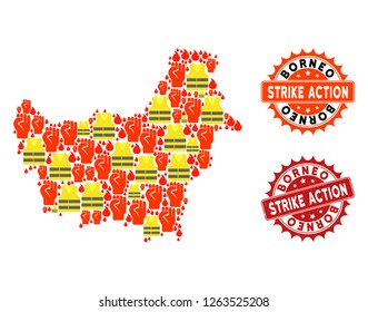 Strike action collage of revolting map of Borneo Island, grunge and clean seal stamps. Map of Borneo Island collage composed for Gilet Jaunes protest illustrations.