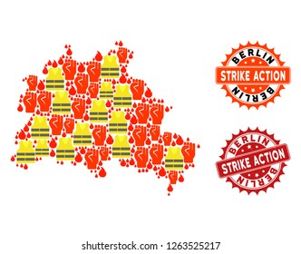 Strike action collage of revolting map of Berlin City, grunge and clean stamps. Map of Berlin City collage composed for Gilet Jaunes protest illustrations.