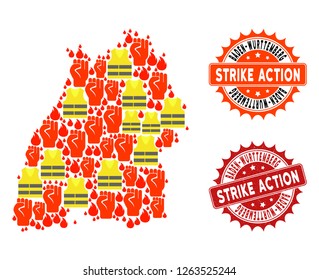 Strike action collage of revolting map of Baden-Wurttemberg State, grunge and clean seal stamps. Map of Baden-Wurttemberg State collage designed for Gilet Jaunes protest illustrations.