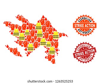 Strike action collage of revolting map of Azerbaijan, grunge and clean seal stamps. Map of Azerbaijan collage created for Gilet Jaunes protest illustrations.