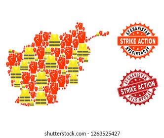 Strike action collage of revolting map of Afghanistan, grunge and clean stamps. Map of Afghanistan collage created for Gilet Jaunes protest illustrations.