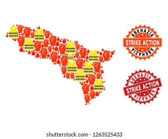 Strike action collage of revolting map of Abkhazia, grunge and clean seals. Map of Abkhazia collage designed for Gilet Jaunes protest illustrations.