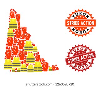 Strike action combination of revolting map of Yukon Province, grunge and clean stamps. Map of Yukon Province collage composed for Gilet Jaunes protest illustrations.